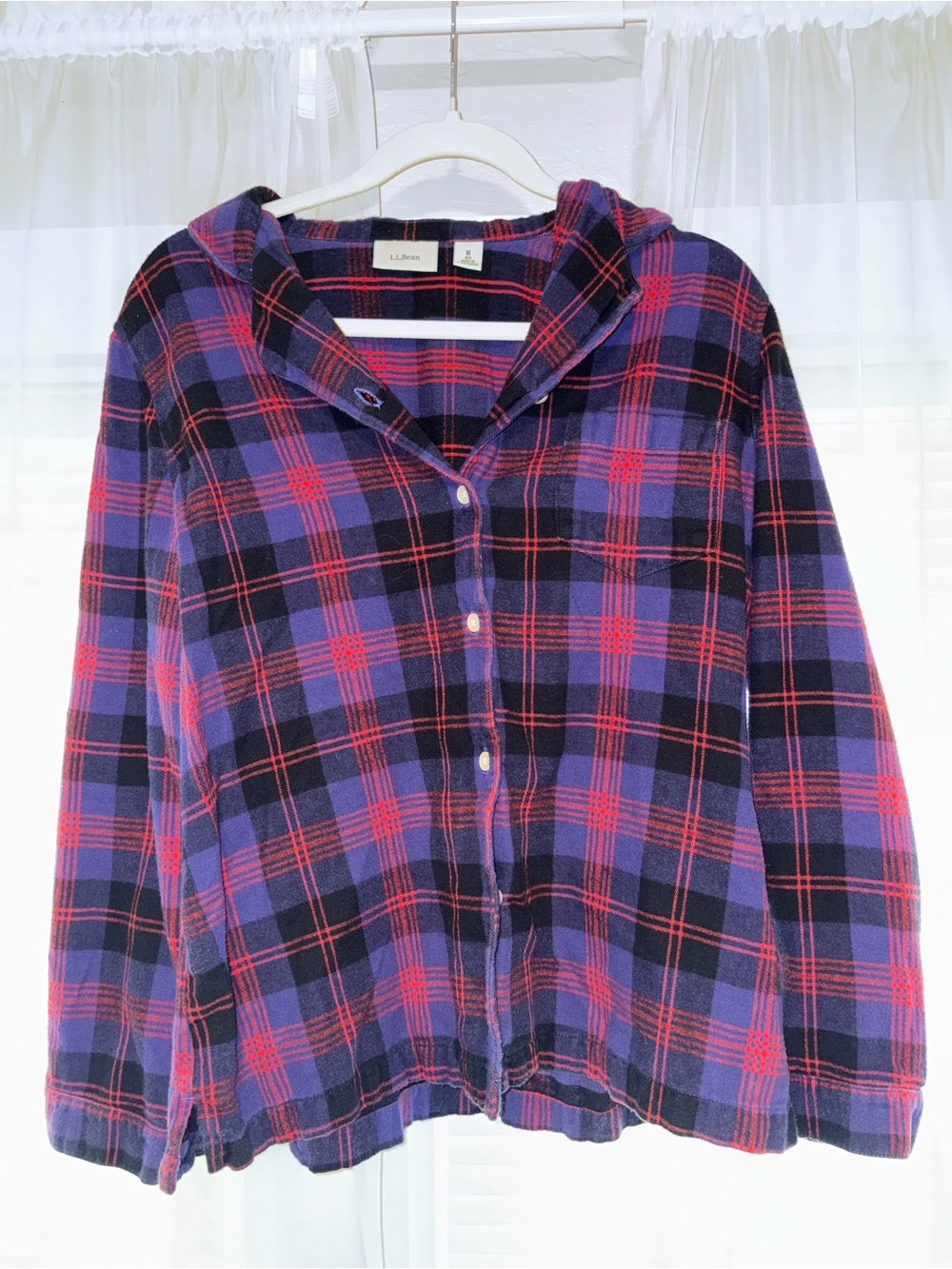 L.L. Bean Purple and Red Plaid Button-Down Hooded Shirt